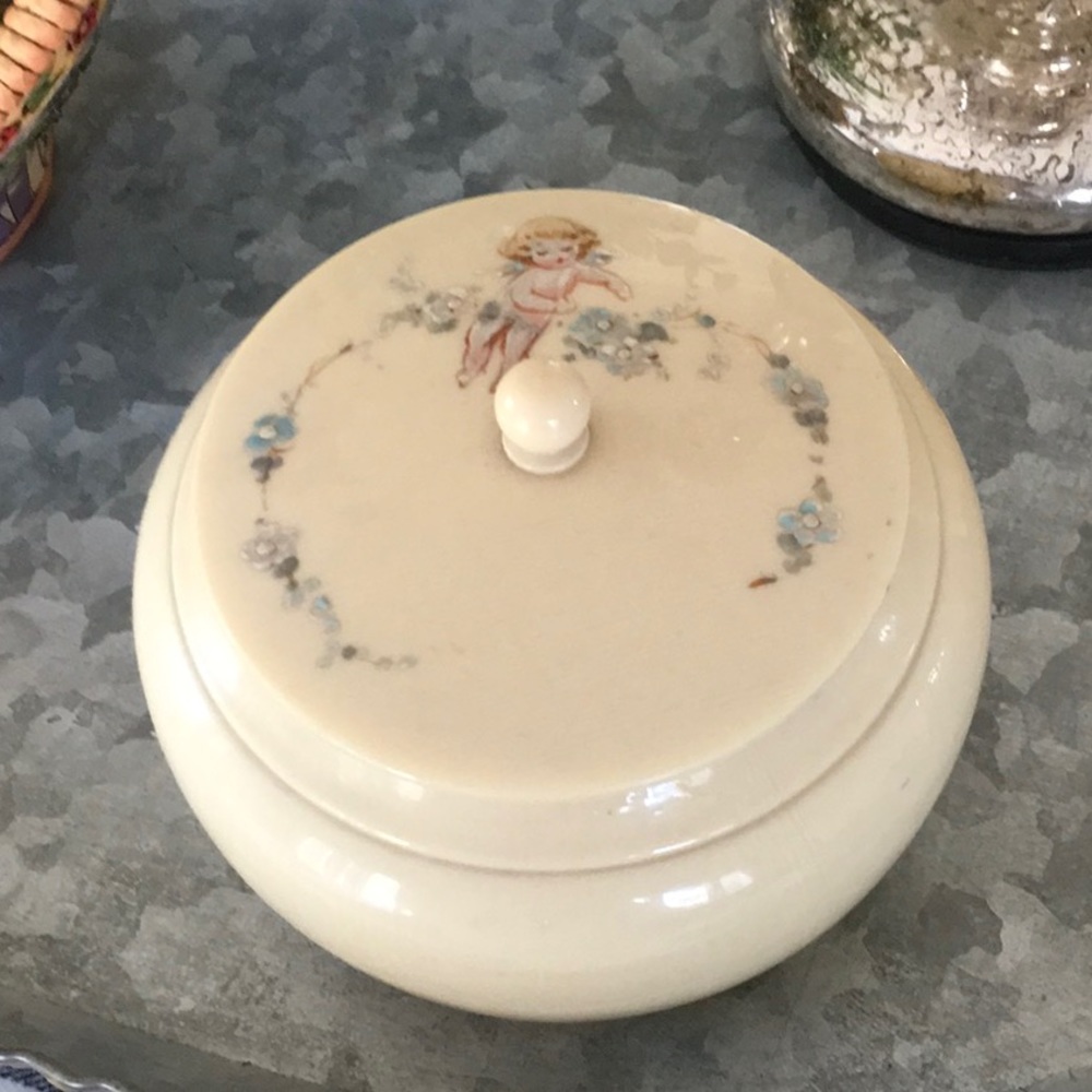 Antique Celluloid hand painted Cherub Powder Box